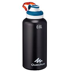 QUECHUA Hliníková fľaša 500 rýchlootvárateľná s uzáverom na turistiku 0,6 litra čierna šedá .